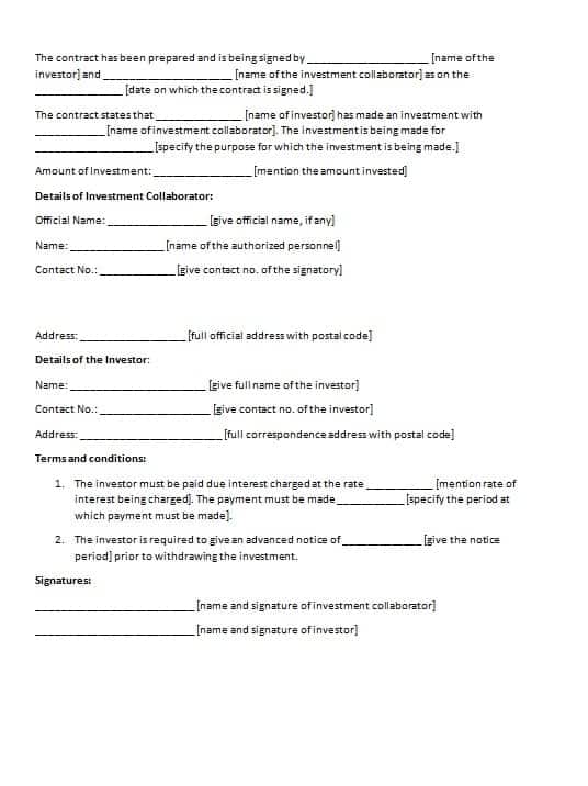 Investment Contract Template Contract Agreements Formats Examples